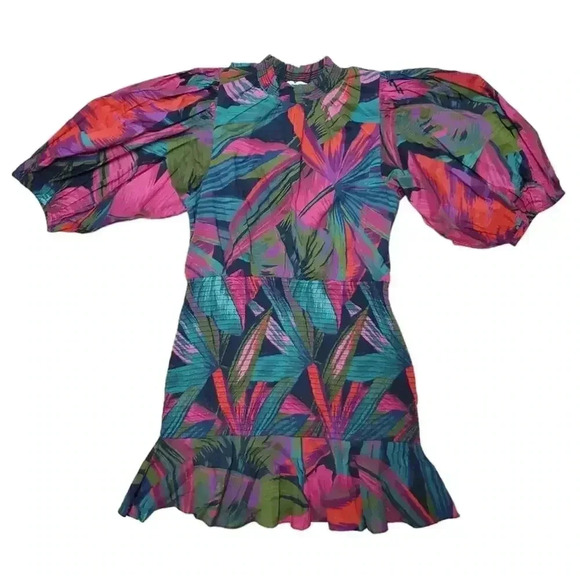 FARM RIOMidnight Leaves Puff Sleeve Mini Dress Size M - Picture 5 of 10